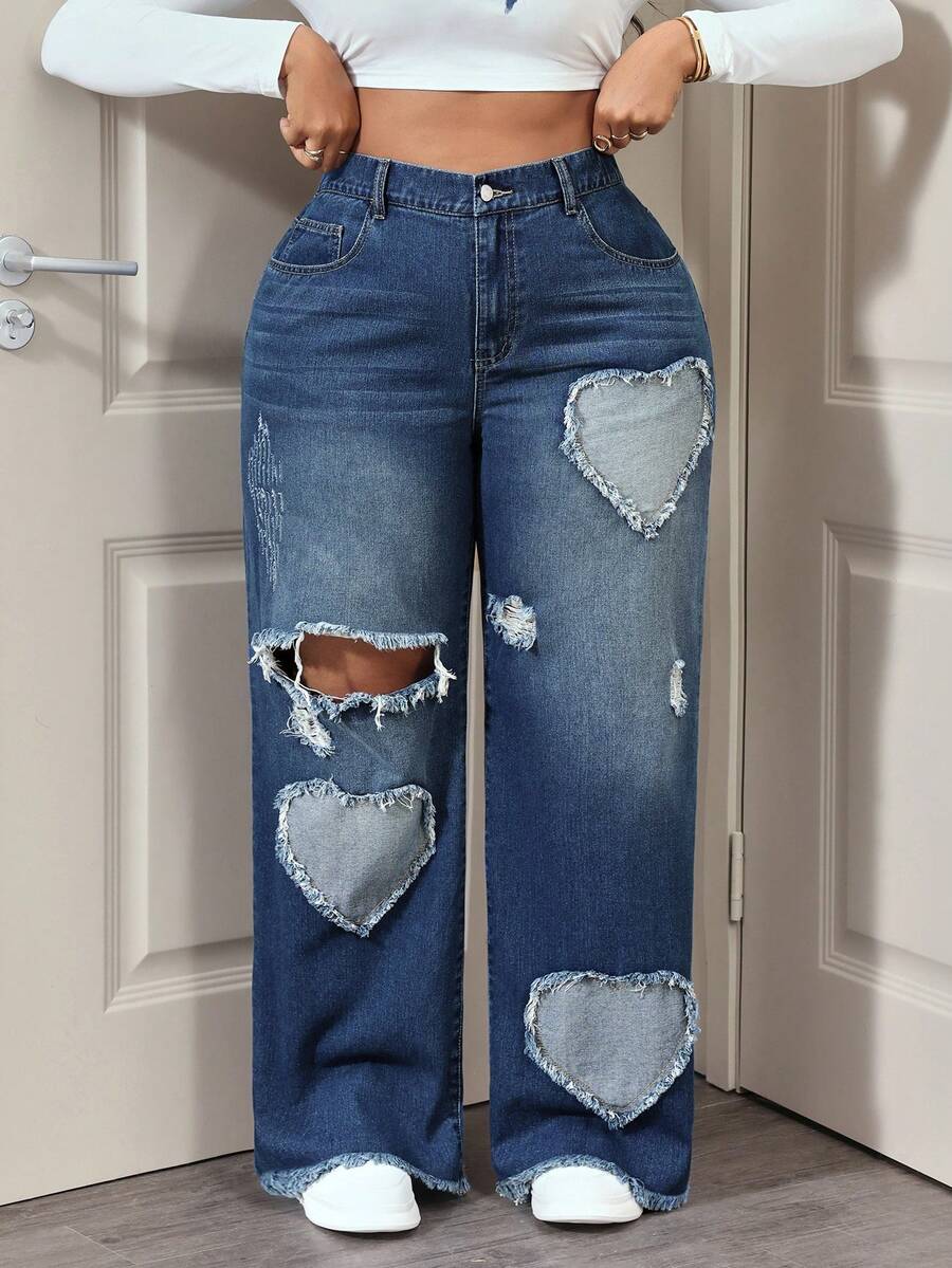 Slaydiva 大码女式爱心图案做旧宽松直筒牛仔裤，休闲牛仔装扮 - 深色水洗藍 - 查看 1