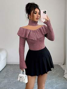 Elenzga Pull femme à encolure ras-du-cou, épaules dénudées avec volants