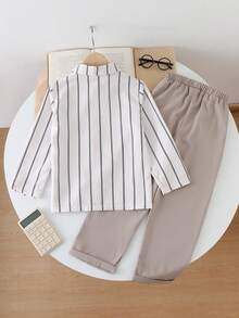 SHEIN Vintaside Kids 2pcs Young BoyRibbed Knit Collared Long Sleeve Shirt & Ribbed Woven Casual Pants Set, Spring/Autumn - Apricot - View 2