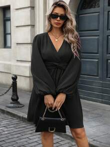 Vionelle 大码女式交叉V领扭腰A字泡泡袖灯笼袖连衣裙，安哥拉红，优雅精致，浪漫法式复古街头休闲简约百搭，适合万圣节、圣诞节、感恩节、下午茶派对、秋冬季等场合。 - 黑色 - 查看 5