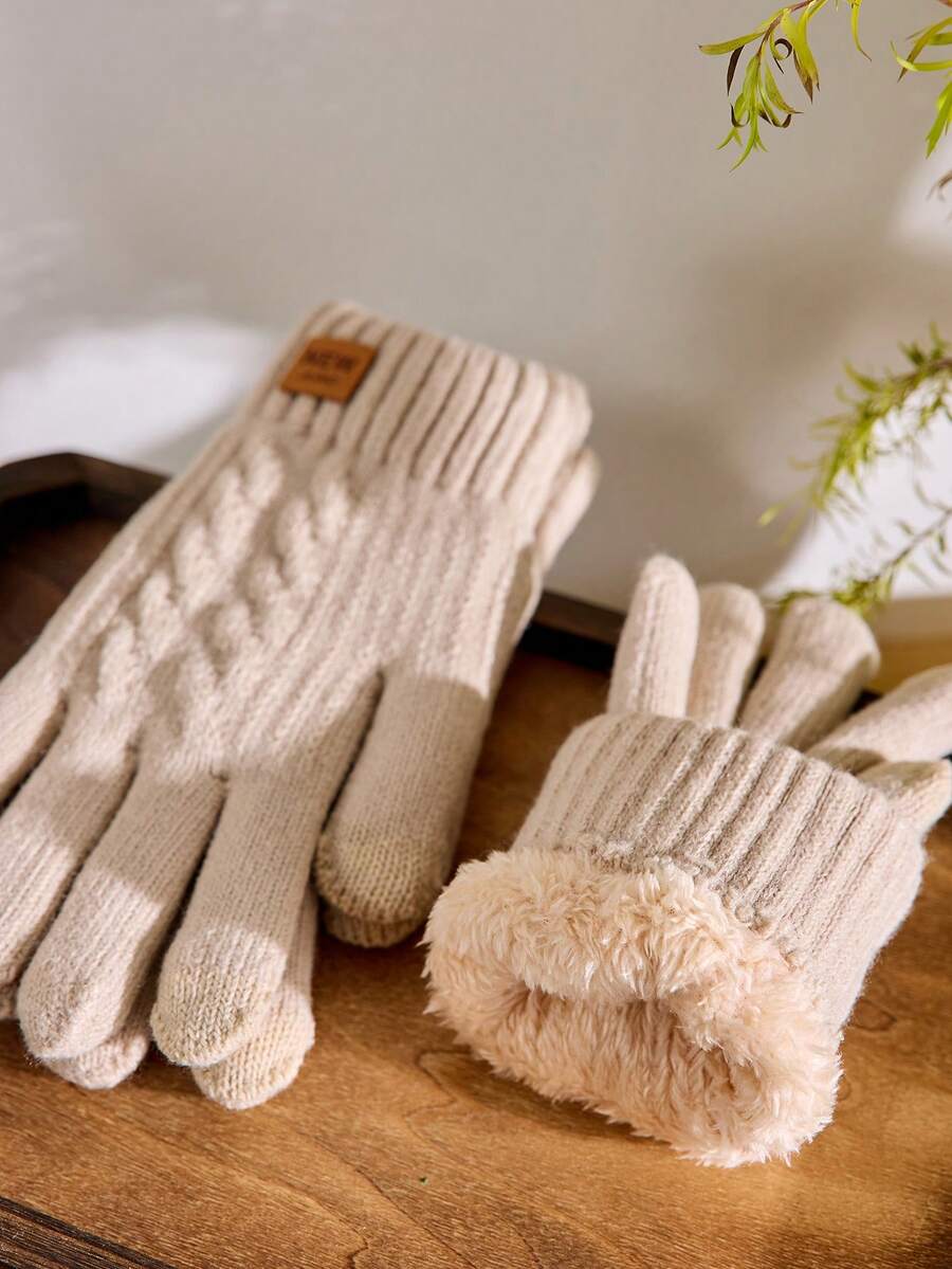 Cirelle 1pair Women's Winter Warm Knit Gloves, Double Layered With Touch Screen Fingertips For Parties, Driving, Running, Cellphone Gaming And Daily Activities Halloween Accessories Winter Gloves - Beige - View 1