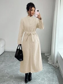 SHEIN Elenzya 女士加厚面料立领插肩袖腰部抽绳设计优雅教师/学生外套，生日礼物、约会、派对、独立日、网络星期一、万圣节、双十一、返校派对 - 杏色 - 查看 3