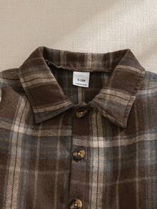 Souflis Souflis French Retro Plaid Long Sleeve Shirt & Beige Pants 2pcs Outfit, Elegant & Versatile For School, Outing, Various Occasions, Toddler Boys Brown Baby Boy Outfit Mocha Baby Clothes Toddler Linen Set Boy - Multicolor - View 6