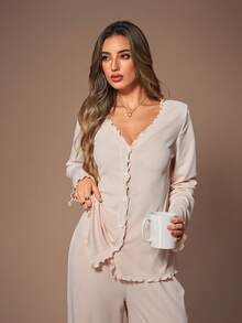 Lazeform 女士纯色休闲V领紧身开衫和裤子睡衣套装，秋冬服装 - 杏色 - 查看 5