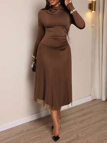 Xyvia Váy chữ A xếp ly lưới vá hở vai cổ cao tay dài màu nâu nguyên chất thời trang mới, thích hợp cho tiệc tốt nghiệp, sự kiện ngày lễ, hẹn hò và các dịp khác - màu nâu - Xem 5