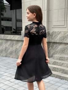 SHEIN Pitira 少女优雅黑色蕾丝A字公主裙，适合派对、情人节、母女装、姐妹装穿着 - 黑色 - 查看 2