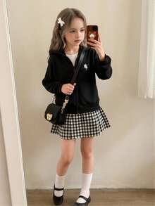 Genkimix Kids 少女外套，纯色时尚蝴蝶结卫衣夹克，舒适加厚保暖内衬卫衣面料，袖口蝴蝶结装饰，青春活力风格，适合返校季或休闲户外穿着 - 黑色 - 查看 3