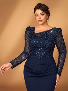 Serin Abito da sera elegante e romantico per taglie forti, con scollo asimmetrico, decorazione a nodo, maniche lunghe trasparenti, paillettes di lusso, patchwork, vita elastica arricciata, orlo a sirena, adatto per occasioni formali per mamme - Blu - Visualizzare 5