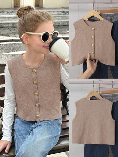 SHEIN Mädchen Tweens einfarbige lässige kurze gestrickte Weste, gestrickter Cardigan mit Metallknöpfen, gestrickte Westen-Jacke