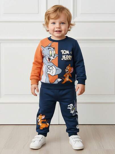 TOM & JERRY X SHEIN 2pcs Baby Boy Cartoon Sports Casual Style Cute Cat & Mouse Print Patchwork Sweatshirt And Pants Set, Suitable For Spring, Autumn And Winter Fall