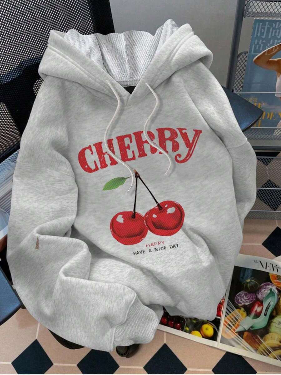 Sudadera Hoodie De Manga Larga Con Estampado De Cherry - Cuello Redondo Cómodo, Ideal Para Deportes Al Aire Libre Estilo Para Todas Las Estaciones Tela Gruesa De Gran Calidad - Gris - Ver 1