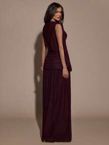 SHEIN BAE Women's Solid Color Pleated Asymmetric Collar Elegant Dress,Spring, Summer Dress,Spring Outfit Women ,Summer Outfit For Women, Valentine's Day,Valentine Outfits For Women ,Elegant ,Vacation Outfits Women ,Summer Holiday Outfits ,Casual,Beach Outfit For Women,Burgundy Dress , - Purple - View 2