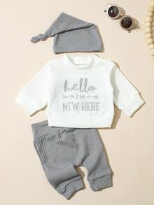 SHEIN HELLO Embroidered Newborn Photography Outfit, Baby Boy/Girl Top, Pants, Hat 3pcs Set, Infant 1 Month To 100 Days Studio Photo Prop Clothing