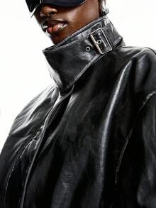 LYSMO Jaqueta de Couro PU de Manga Longa com Gola Alta e Zíper, Moda Cor Sólida para Mulheres