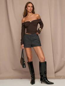 SHEIN BAE Pantalones cortos casuales de mujer de unicolor, de talle bajo, con bolsillos, sueltos y versátiles - Gris Oscuro - Ver 5