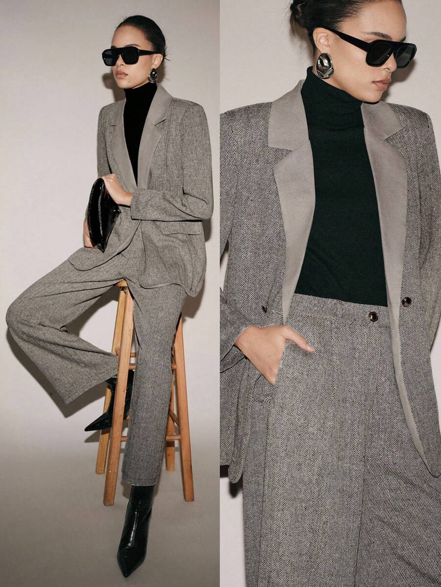 Lumivelle 女士商务套装双排扣西装外套和裤子套装 - 淺灰色 - 查看 1