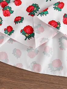 1pc Girls Rose Print Puff Sleeve Dress, Waist Ruffle Decor, New Style, Girls Dress, Suitable For Daily Wear