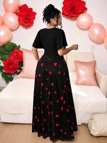 Elenzga Plus Size Elegant Minimalist Holiday Party Ruffle Sleeve Fitted Knit Dress - Black - View 2