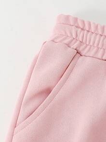 SHEIN 青少年女孩運動褲，休閒極簡 Logo 圖案對比色口袋運動衫，寬鬆舒適寬腿慢跑褲 - 粉色 - 查看 6