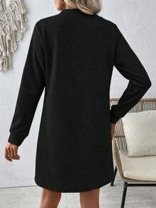 EMERY ROSE Plus Size Women Casual Textured Solid Color Long Sleeve Dress, Autumn/Winter - Black - View 2
