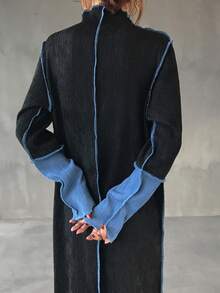 FRIFUL Gaun Wanita Lengan Panjang Kerah Tinggi dengan Blok Warna, Kain Bertekstur Ribbed, Gaun Kasual Longgar, Cocok untuk Gaun Maxi Musim Gugur/Musim Dingin - Hitam - View 6