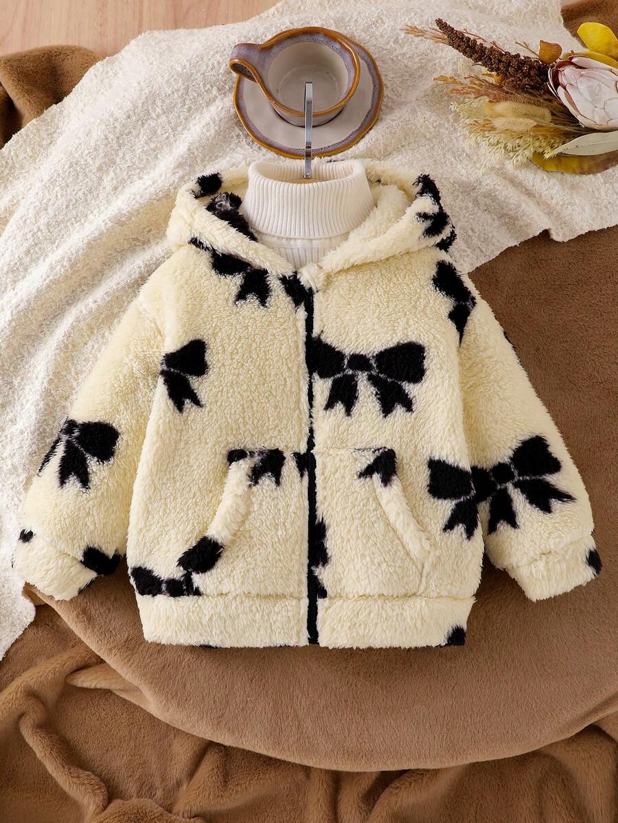 Young Girls Cute Apricot Bow Fashionable Comfortable Autumn/Winter Hooded Long Sleeve Jacket, Children Cozy Versatile Fluffy Winter Single-Breasted Hooded Cardigan Outerwear - Apricot - View 1