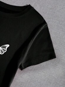 Camiseta con estampado de mariposa de cuello redondo - Negro - Ver 3