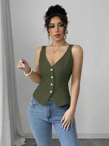 Elenzga 女士纯色单排扣休闲粗肩带背心 - 軍綠色 - 查看 3