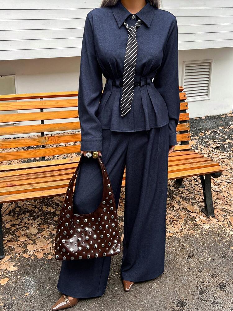 Women's Solid Color Waist Cinching Shirt And Pants 2 Pieces Suit, Commuter Style