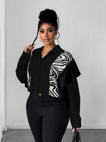Maweii Plus Size Autumn Casual Patchwork Zebra Print Ruffle Trim Front Button Shirt - Black - View 6