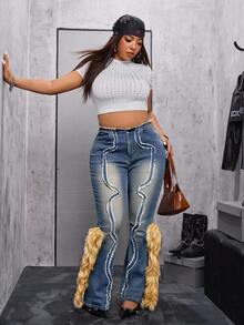 Jeanoix Quần Jeans Skinny Túi Viền Lông Giả Thời Trang Cỡ Lớn - Màu xanh lam - Xem 7