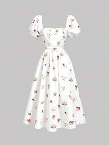 SHEIN MOD Váy midi nhún bèo tay bồng họa tiết hoa trắng khoét ngực - Nhiều màu - Xem 6