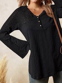 Boho Mama Black Maternity T-Shirt With Lace Trim And Flared Sleeves, Made Of Cotton-Feel Fabric, Bohemian Style, Long-Sleeved Maternity T-Shirt For Autumn And Winter. - Black - View 2