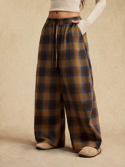 Easelle 女士抽绳腰带格子阔腿宽松休闲裤
