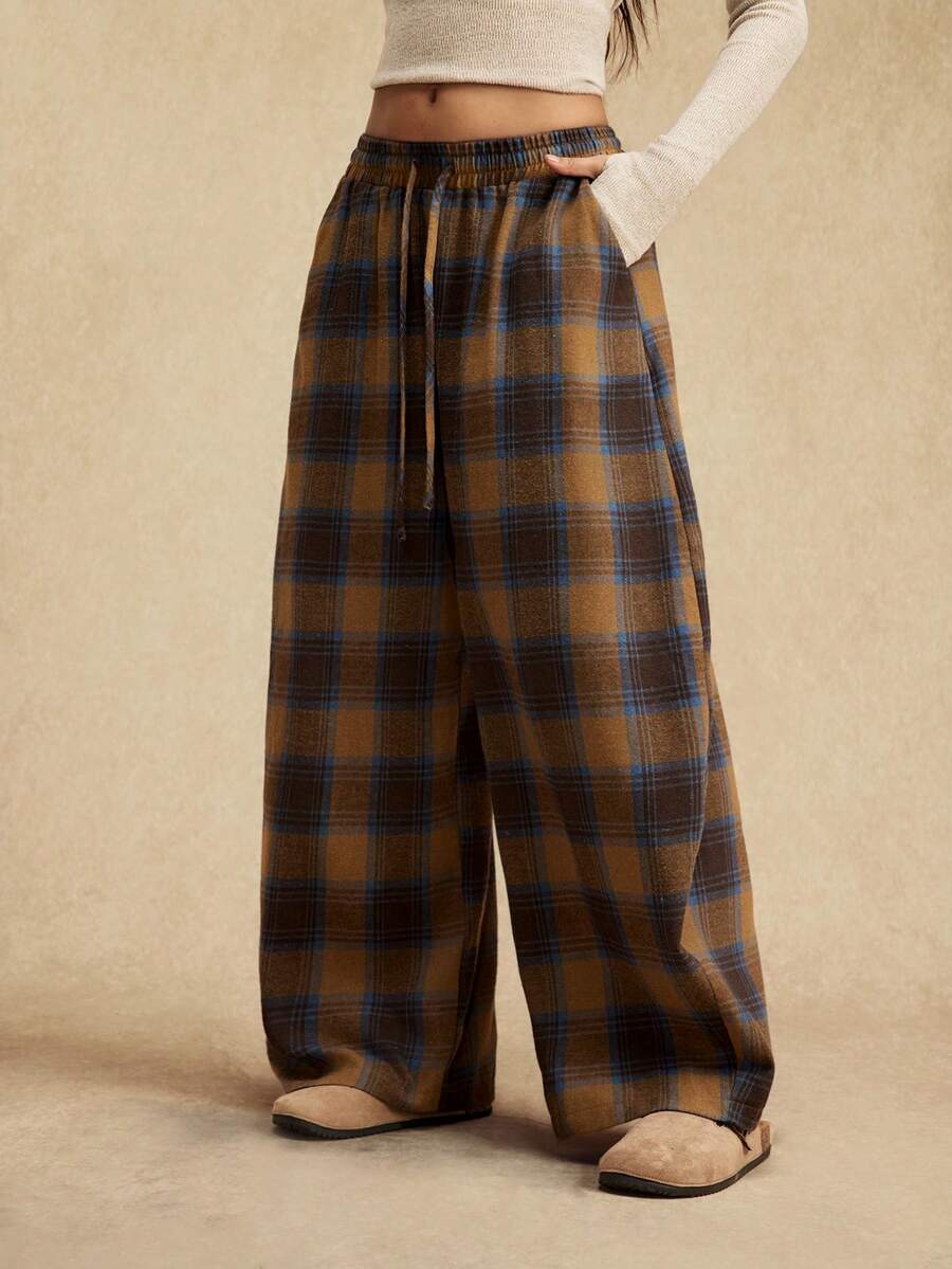 Easelle 女士抽绳腰带格子阔腿宽松休闲裤 - 棕色 - 查看 1
