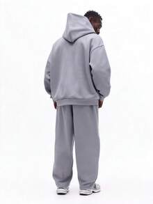 SUMWON 超大款套头连帽衫套装，休闲街头风居家服，秋冬季舒适配套慢跑裤套装 - 灰色 - 查看 4