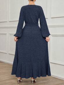 Mulvari 女士加长款保守针织抓绒优雅圆领套头连衣裙，适合日常穿着，秋冬季 - 藏蓝色 - 查看 2