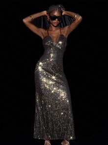 GENKIRA 优雅亮片材质深V领系带露背紧身连衣裙，性感派对风格 - 彩色 - 查看 3