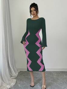 Elenzga Women's Sweater Dress With Flare Sleeves - Dark Green - View 5