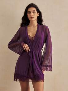Charlaine Women Lace Patchwork Camisole Nightgown And Robe Sexy Lingerie Set - Purple - View 4