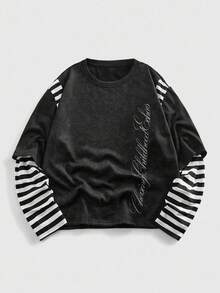 ROMWE MEN Anime Áo thun nam tay dài sọc 2 trong 1 - màu đen - Xem 1