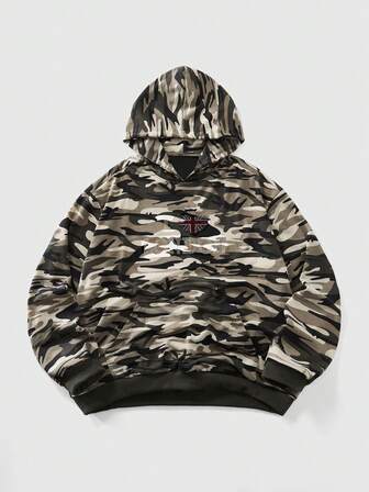 Street Life Men's Camouflage Slogan Rhinestone Embellished Long Sleeve Casual Hoodie