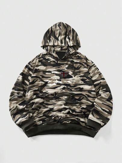 Street Life Men's Camouflage Slogan Rhinestone Embellished Long Sleeve Casual Hoodie