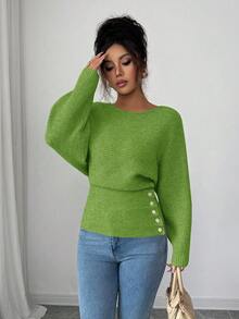 Selianne Women's New Autumn/Winter 1 Piece Design Batwing Sleeve High-End Buttoned Minimalist Everyday Knit Long Sleeve Top - Green - View 3
