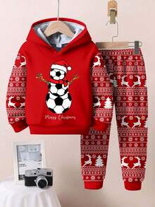 SHEIN 2 peças/Conjunto Moletom Casual Confortável de Manga Longa com Capuz para Meninos Jovens, Adequado para Outono/Inverno, Estampas Clássicas de Natal Incluindo Papai Noel, Árvore de Natal, Boneco de Neve, Presentes, Rena, Flocos de Neve - Multicolorido - Visão 2