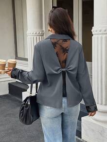 Easura Kemeja Lengan Panjang Renda Kontras Minimalis Elegan Ukuran Besar, Musim Gugur - Grey - View 6