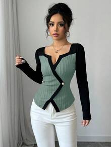 Elenzga 女士时尚优雅休闲T恤，长袖撞色拼接钥匙孔领口，镂空领，A字不对称下摆，仿纽扣设计，杏色提花和黑色针织图案T恤，春季女装上衣 - 彩色 - 查看 5