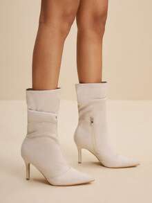 Daringsoles 女士褶皱时尚日常百搭高跟中筒靴 - 杏色 - 查看 7