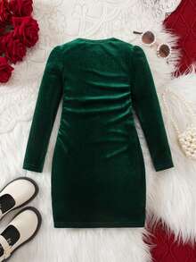 1 Piece Young Girls Casual Simple Gorgeous Elegant Solid Color Knitted Splicing Small V-Neck Long Sleeve Slim Slit Asymmetrical Hem Dress Suitable For Birthday Parties, Evening Parties, Performances, Weddings, Baptisms, Opening Ceremonies, Play, Parties, Photo Shoots, Vacations, Festivals Suitable For Daily Use Suitable For Travel Suitable For Spring, Autumn And Winter - Army Green - View 3