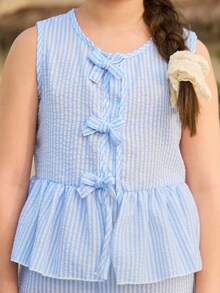 SHEIN 2pcs Tween Girls Sleeveless Shirt With Bow Button And Elongated Pants Set